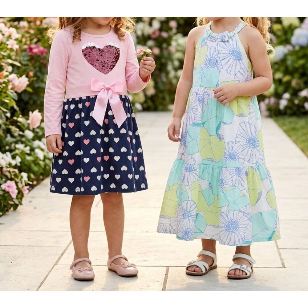 Set of 2 Girls Summer & Fall Dresses Size 4T Like New Heart Floral Pack